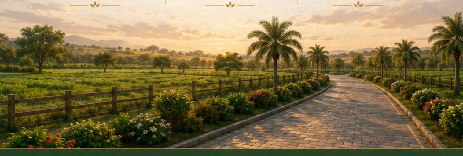 Green countryside surrounding the Vaibhawi Aura farmland