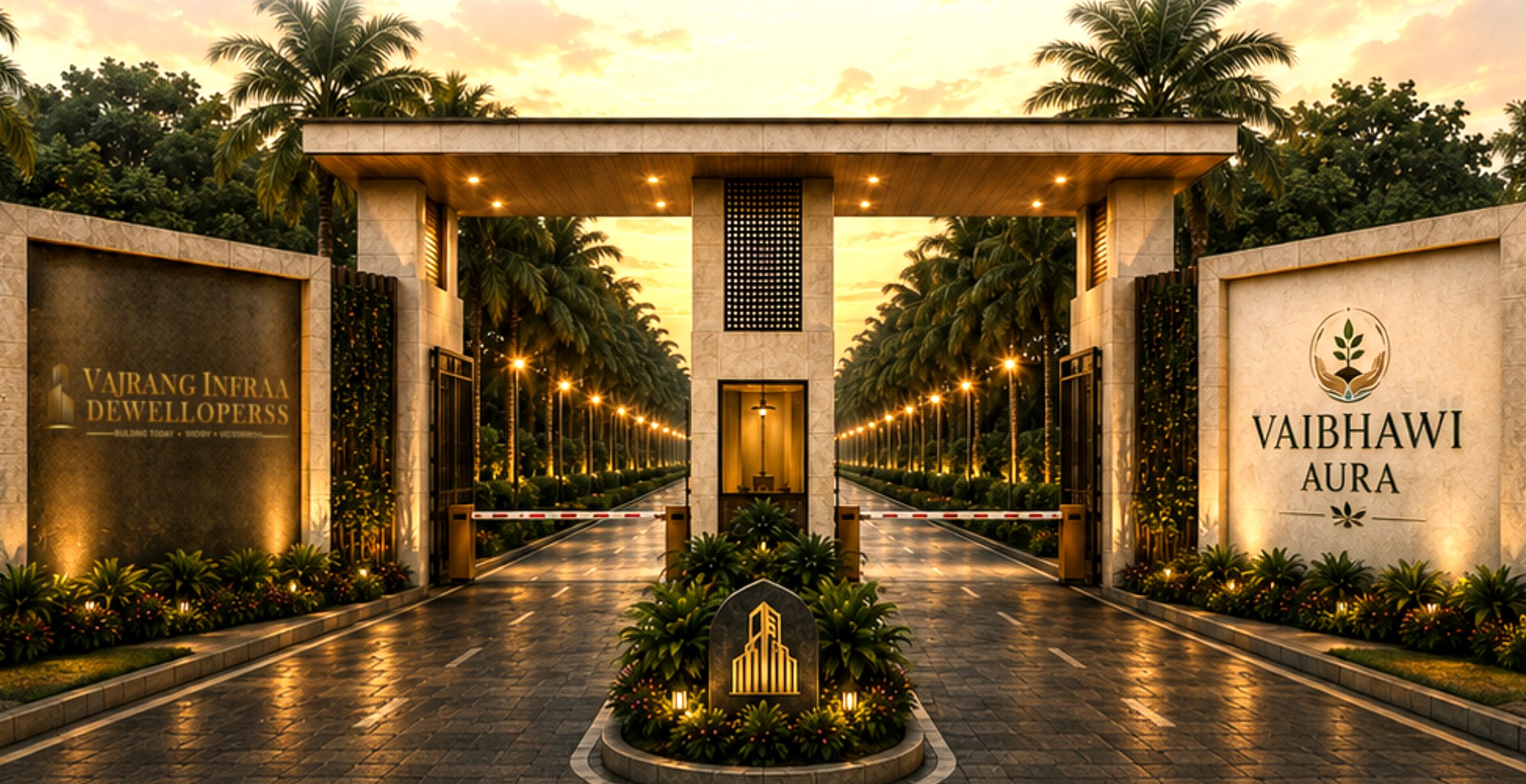 Grand entrance arch of Vaibhawi Aura gated farmland community
