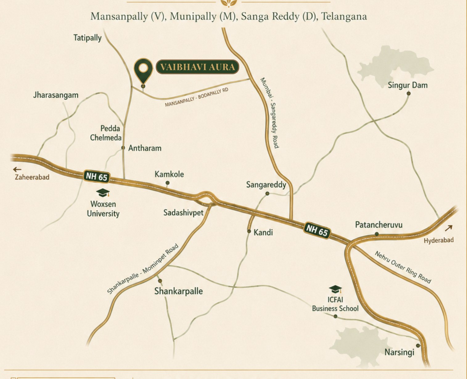 Location map showing Vaibhawi Aura at Mansanpally with nearby highways and landmarks